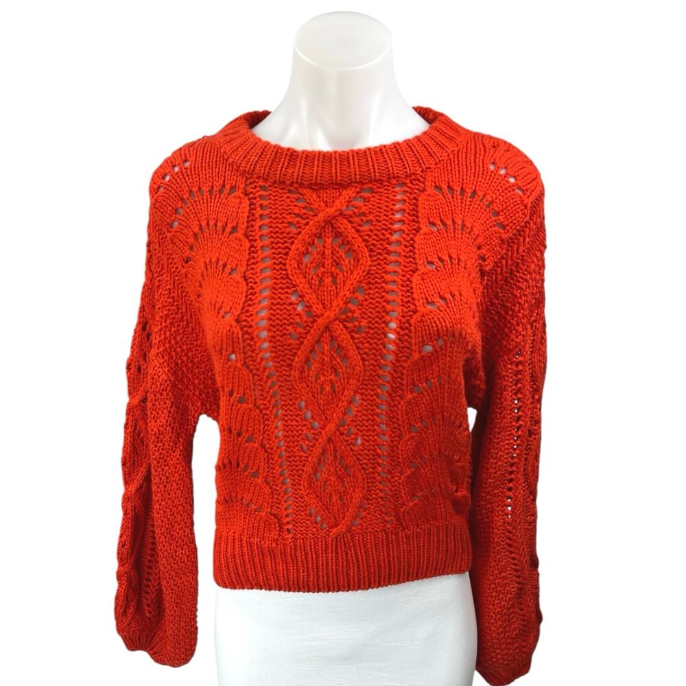 Lush Women's Red Cable Knit Open Crochet Crew Neck Pullover Sweater Top Size S
